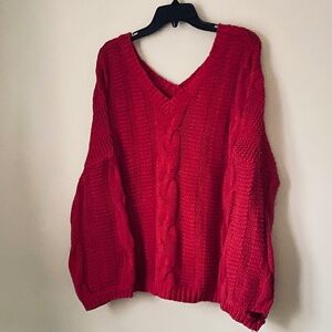 Oversized Fuchsia Cable-knit V-neck sweater